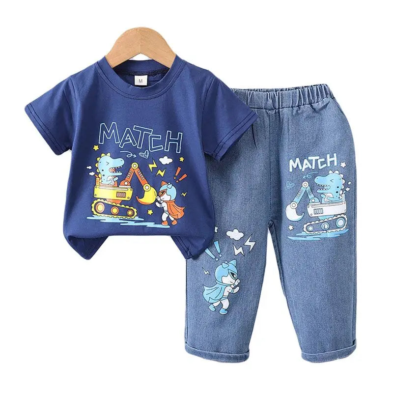 2025 New Children's Set boys Summer Cartoon Printed Short Sleeve+Cowboy Pants Infant Fashion Set 0-4 Years Old
