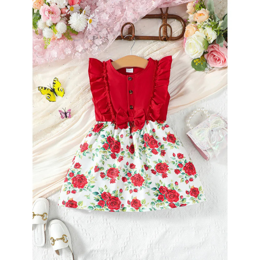 Toddler Girl Summer Casual Dress Sleeveless Floral Printing Dress with Bow Kids Girl Birthday Clothes for Child 1-8 Years