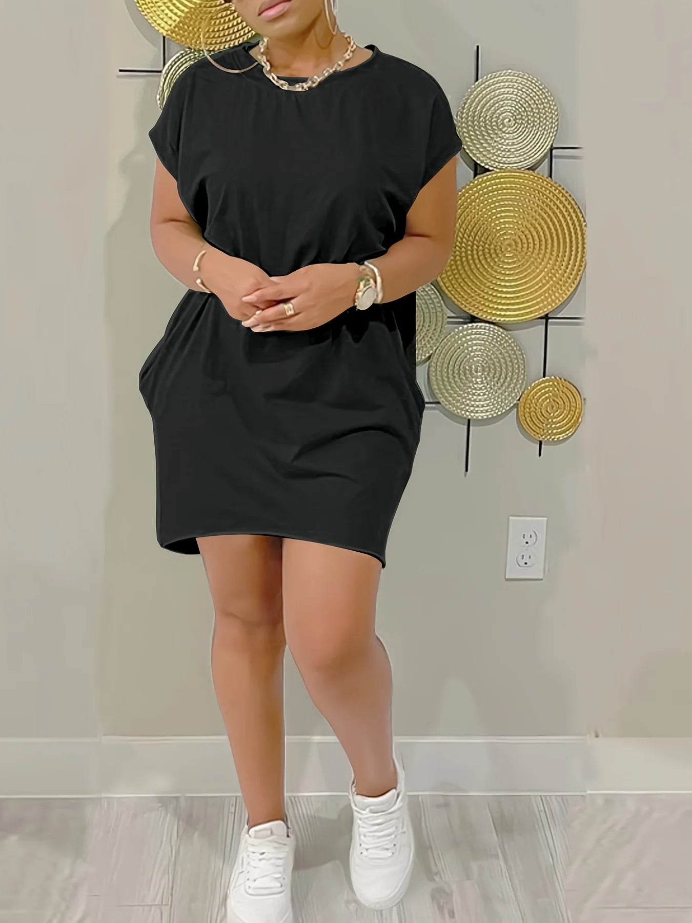 Women'S Casual Knit TShirt Dress Crew Neck Short Sleeve Fashionable Top Black with Colorful Flag Design