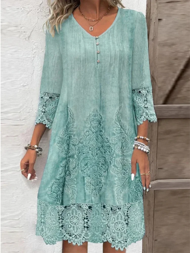 Lace Printed Short Sleeved Button V-neck Women's Dress Elegant Casual Fashionable High Street Spring Dresses