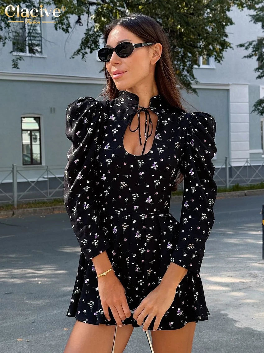 Clacive Fashion Slim Print Women's Dress Sexy Stand Collar Long Sleeve Mini Dresses Elegant Classic Hollow Out Female Dress
