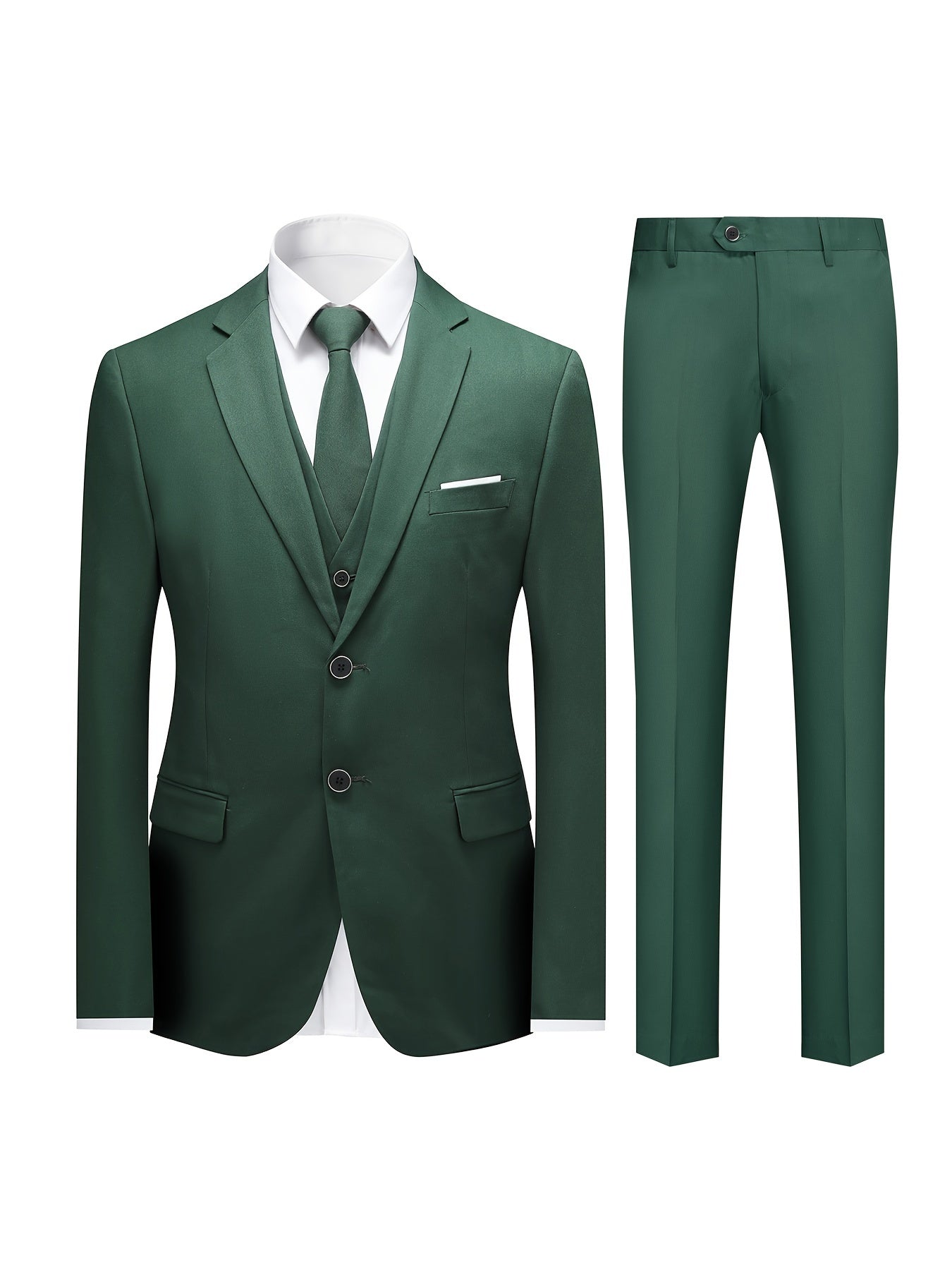 3-Piece Mens Classic Suit Set - Fashionable Solid Blazer, Vest & Pants - Stylish Two-Button Design - Versatile Casual-Formal Style - Ideal for Office & Events