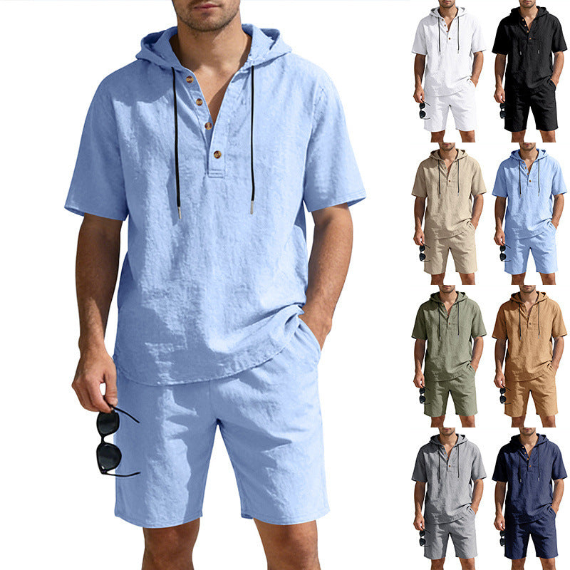 Men's Linen Hooded Casual Set - Loose Fit Breathable Two-Piece Outfit For Summer Daily Wear Holiday Outfit