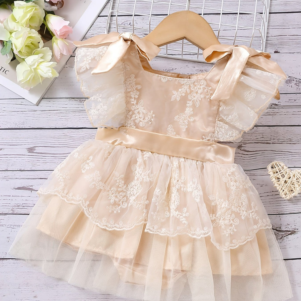 Baby Girls Elegant Fly Sleeve Bowknot Decor Lace Mesh Onesie Dress Clothes (One Size Larger), Coquette Style Summer Outdoor Clothes