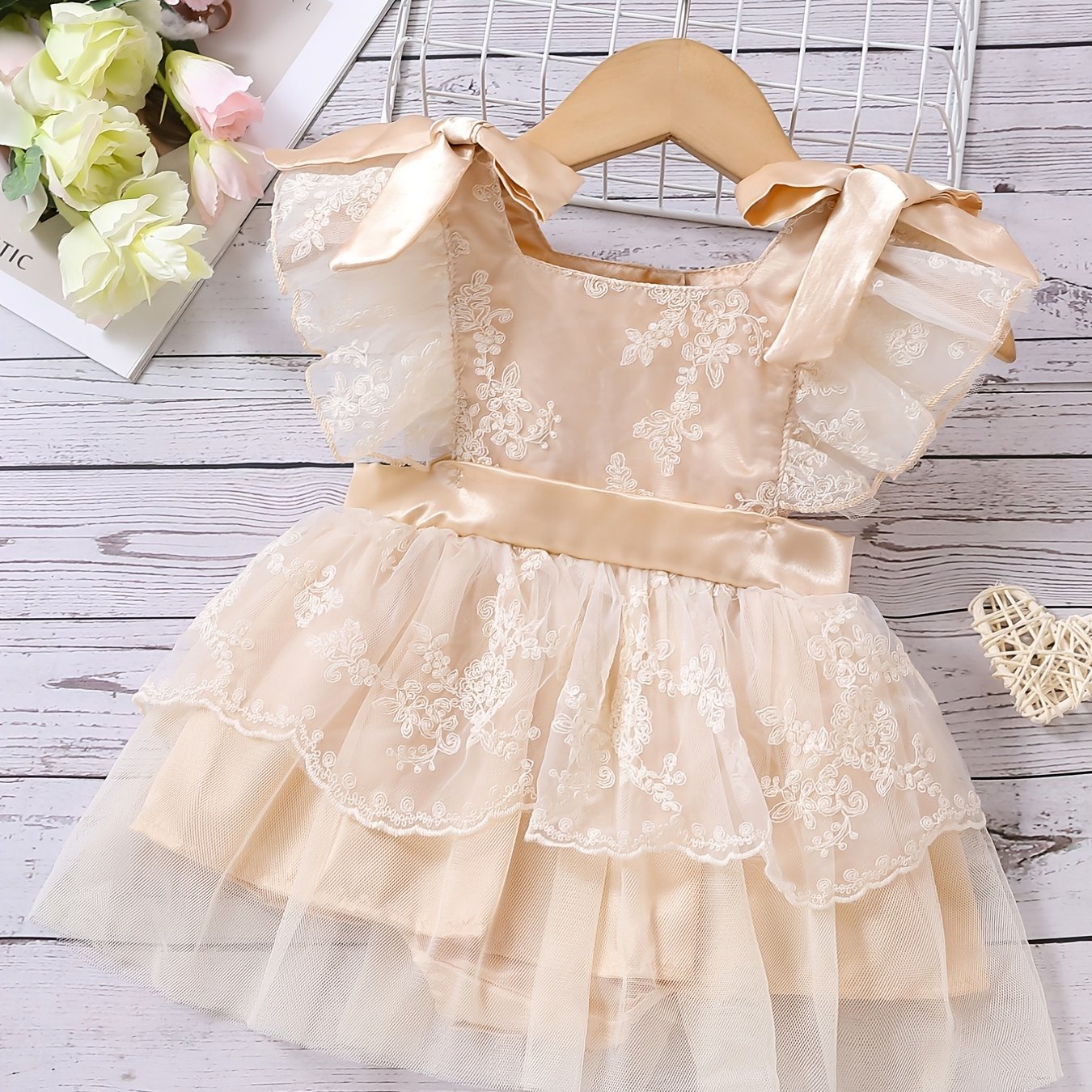 Baby Girls Elegant Fly Sleeve Bowknot Decor Lace Mesh Onesie Dress Clothes (One Size Larger), Coquette Style Summer Outdoor Clothes