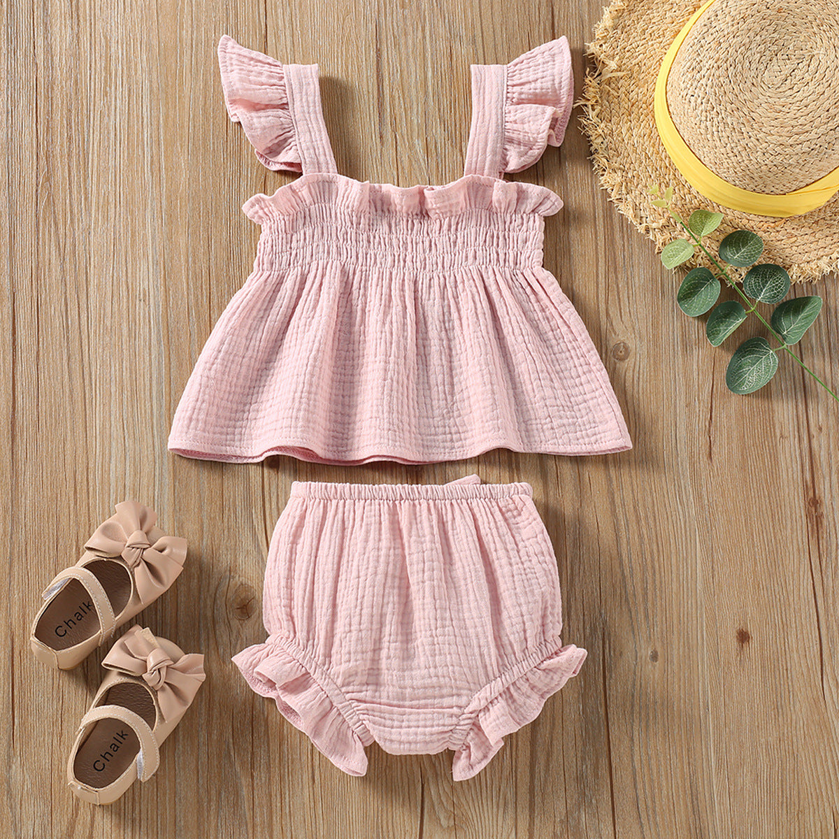 Girls' Solid Color Sling Top Hot Pants Suit 