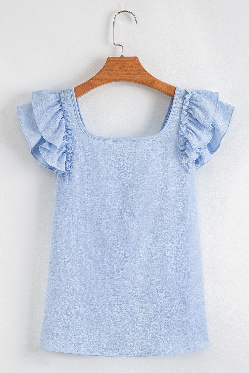 Beau Blue Textured Bow Frilled Ruffle Sleeve Blouse 