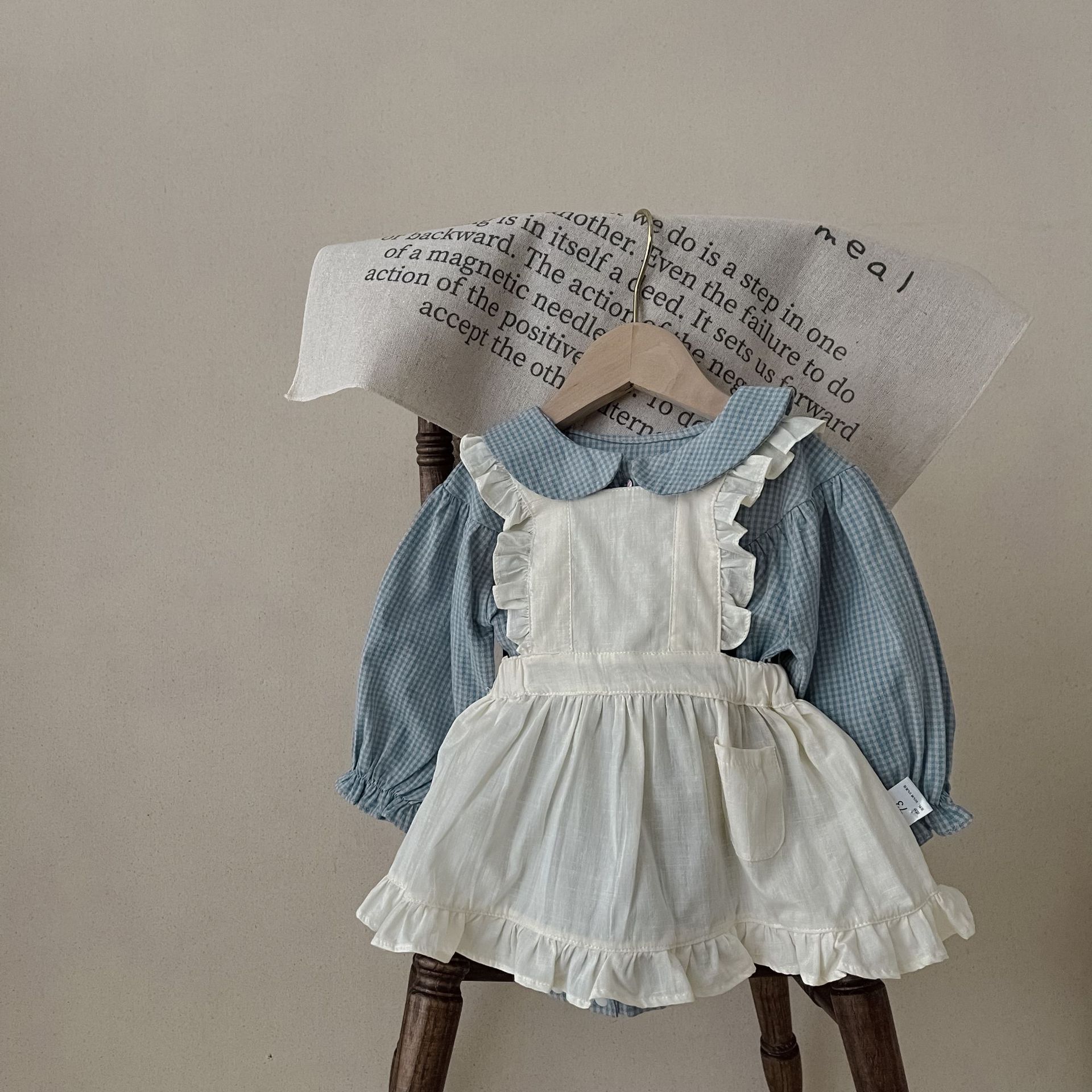 Infant Single-breasted Long Sleeve Small Plaid Romper Sling Small Overskirt 