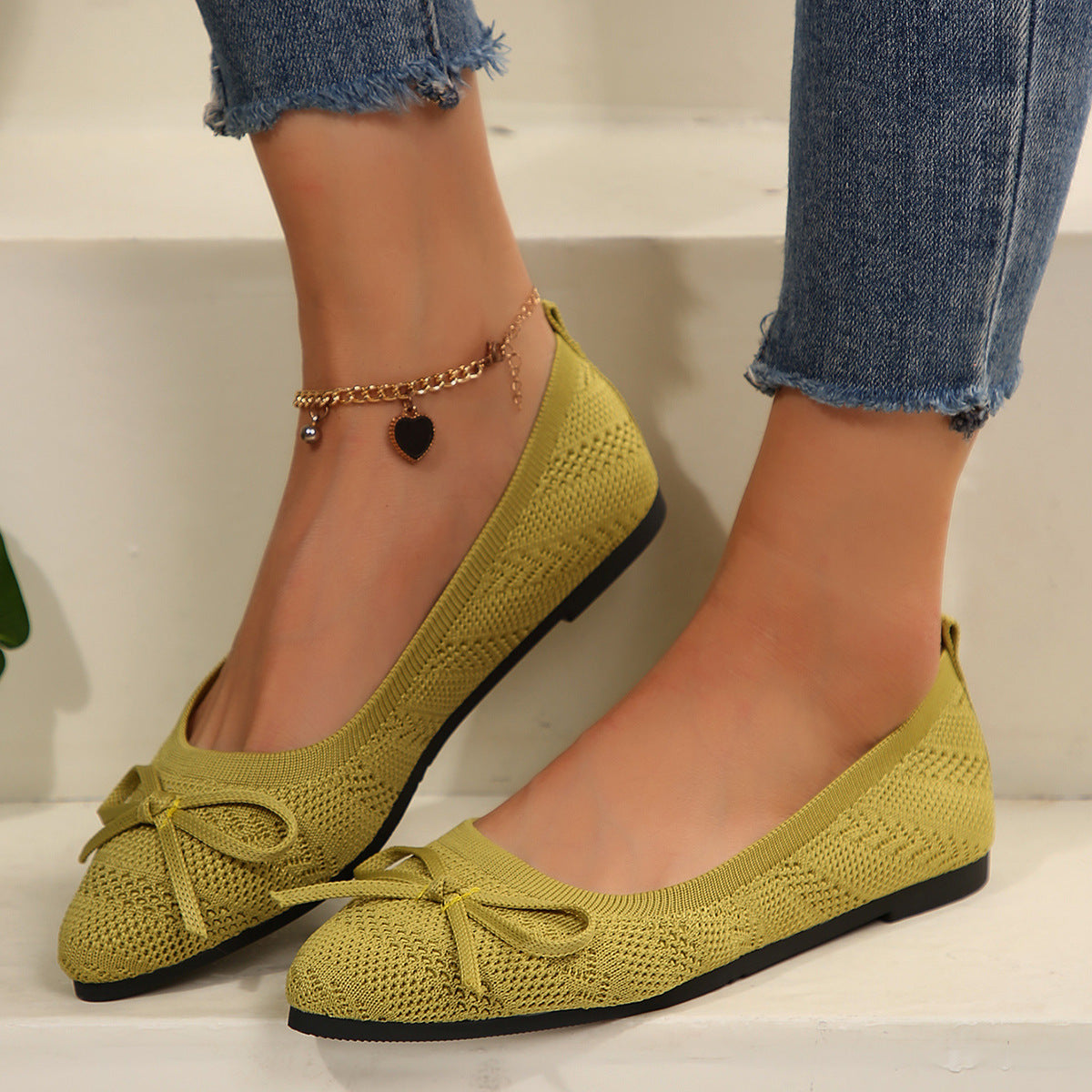 Bow Knitted Loafers Ins Fashion Pointed-toed Flats Shoes For Women 