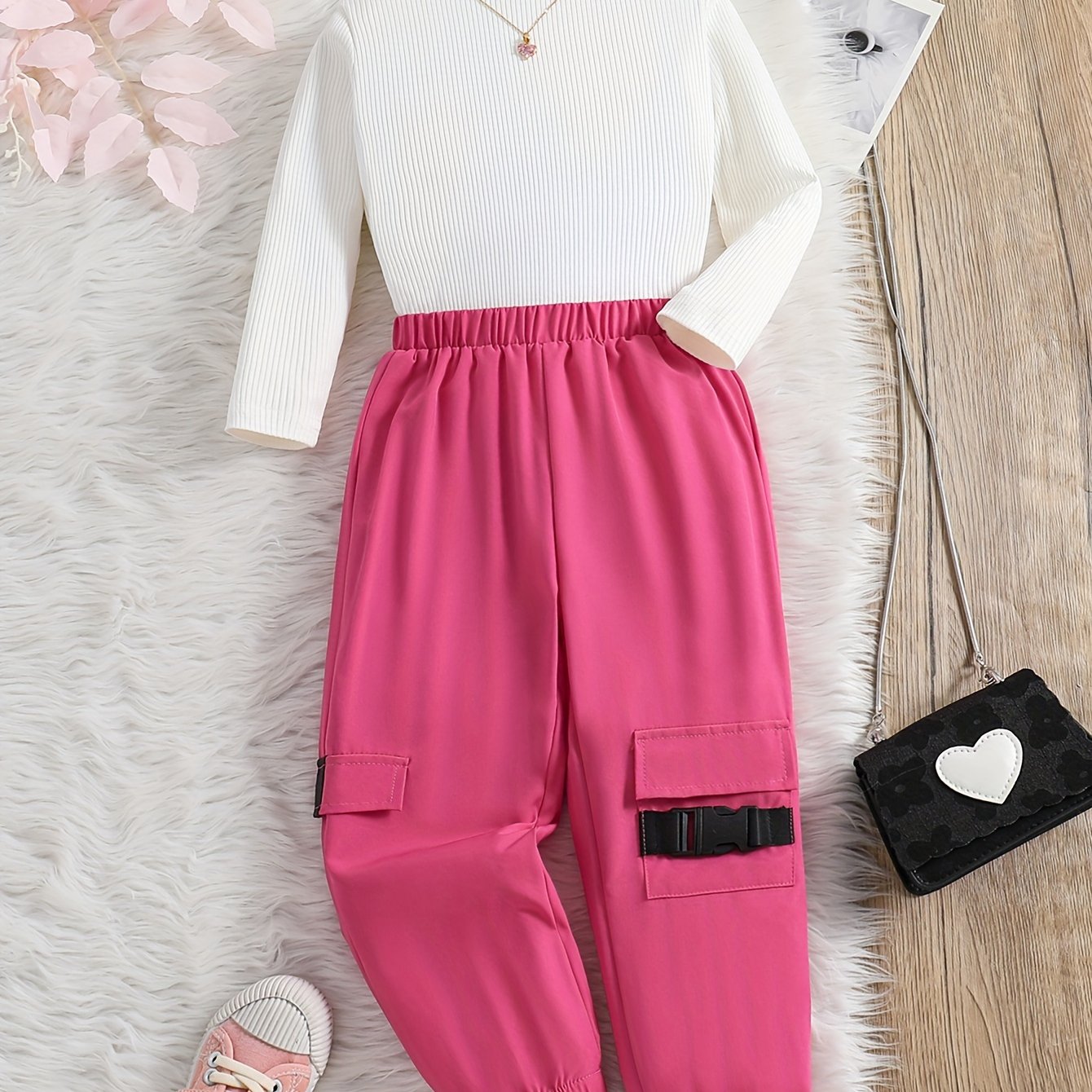 2pcs Girl's Cargo Pants Outfit, Ribbed Long Sleeve Top & Trendy Cargo Pants Set, Toddler Kid's Clothes For Spring Fall