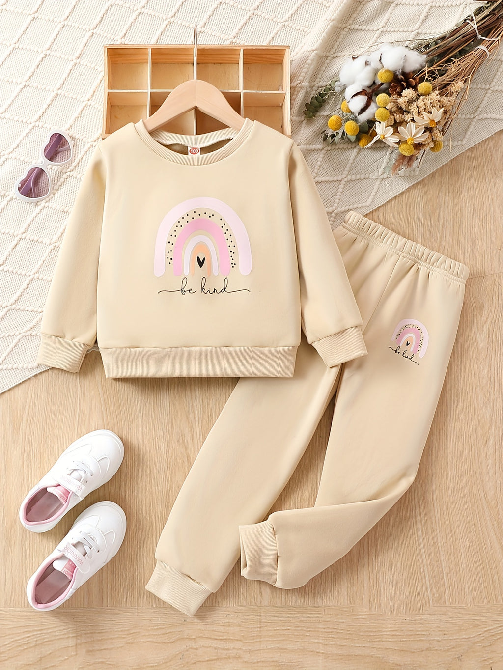 Girls 2pcs "Be Kind" And Rainbow Print Top & Jogger Pants Set, Thick Outfits Kids Clothes For Sports Spring Fall Winter