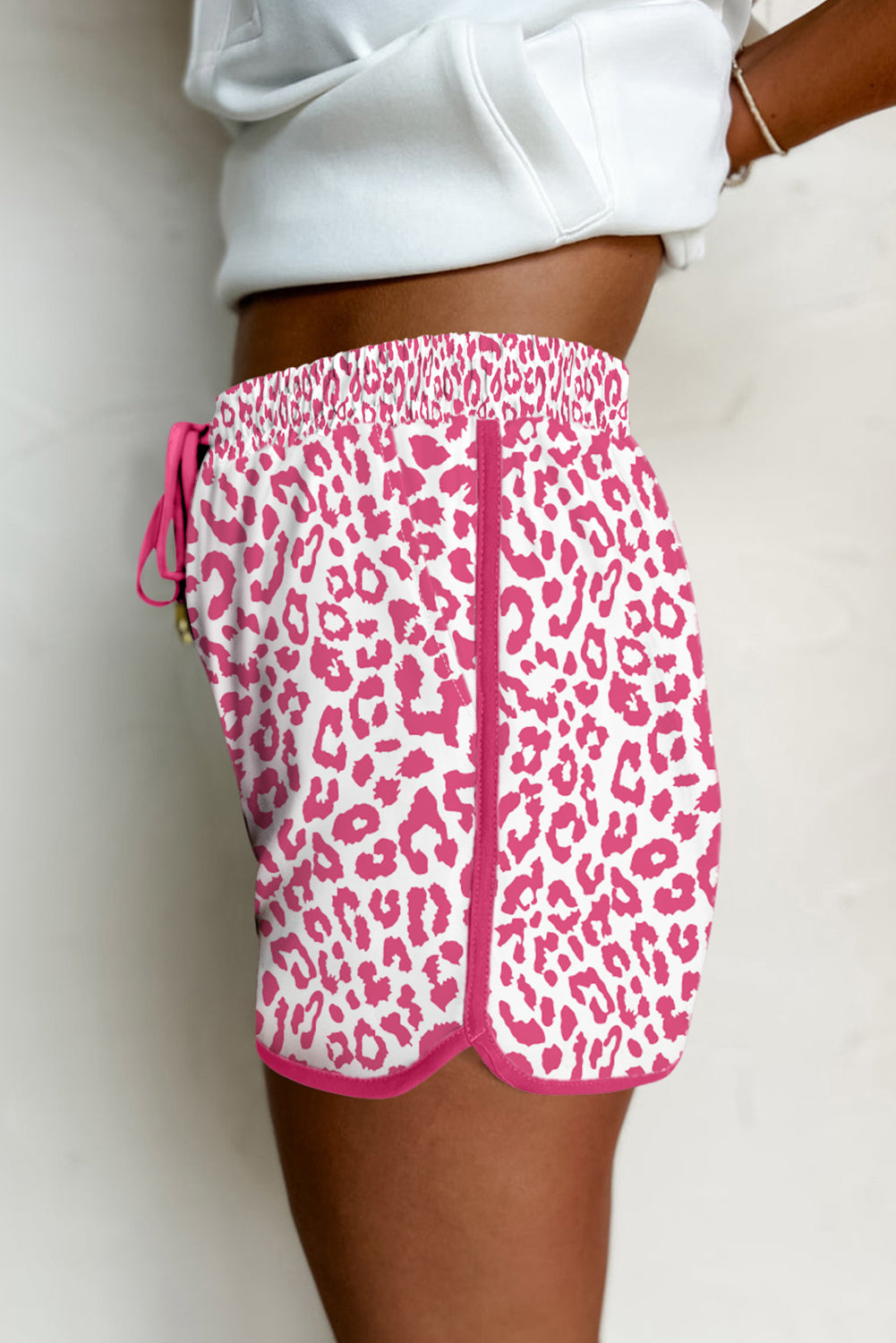 Pink Leopard Elastic Waist Lace up Contrast Trim Casual Shorts 