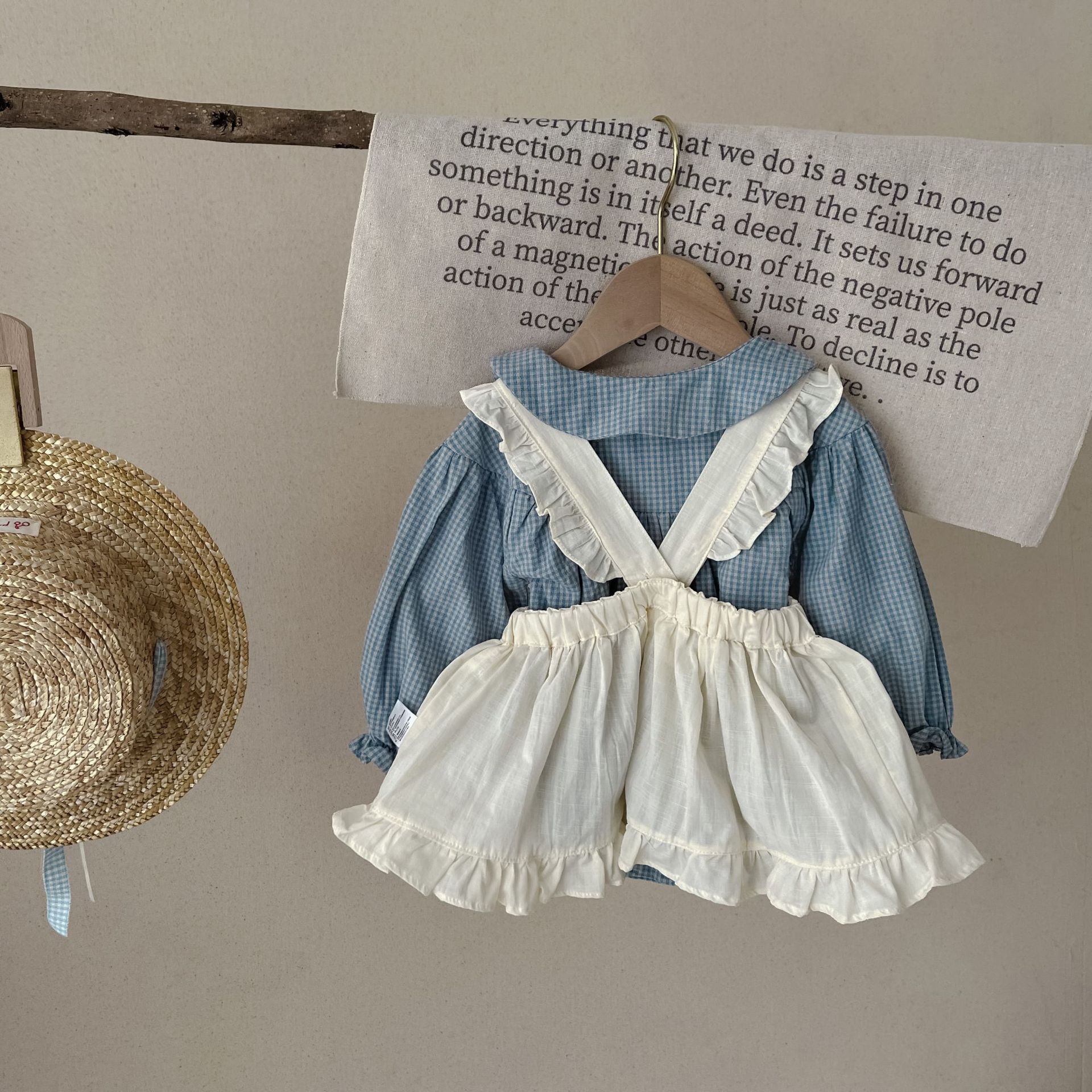 Infant Single-breasted Long Sleeve Small Plaid Romper Sling Small Overskirt 