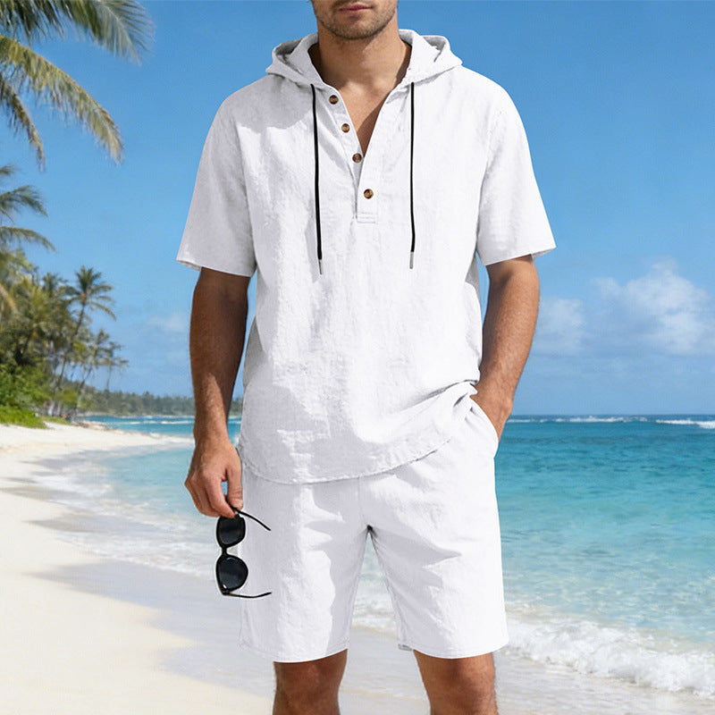 Men's Linen Hooded Casual Set - Loose Fit Breathable Two-Piece Outfit For Summer Daily Wear Holiday Outfit