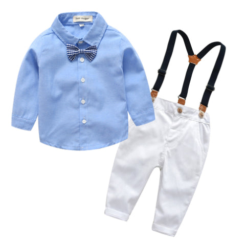 Boys Gentleman Bib Pant Suit Long Sleeve Bow Tie 