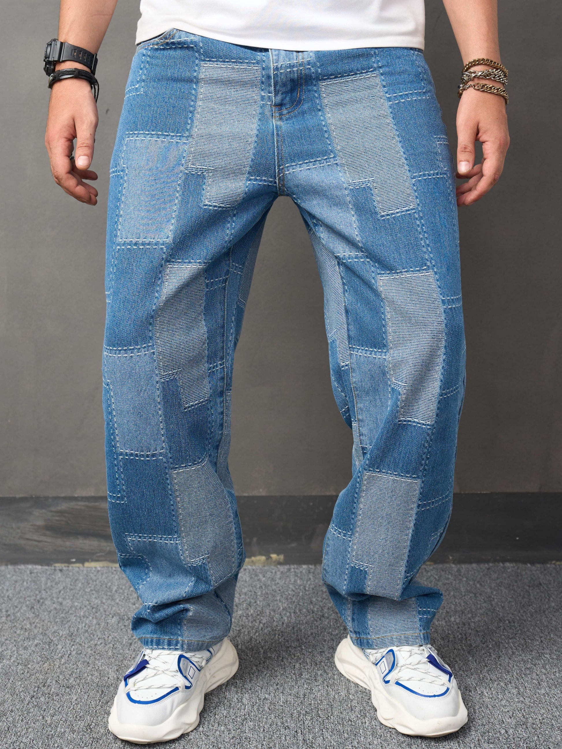 Mens Trendy Patchwork Denim Jeans - Stylish Streetwear Loose Wide-Leg Pants for Hip Hop Fans - Comfortable Denim Fabric with a Fashion-Forward Look
