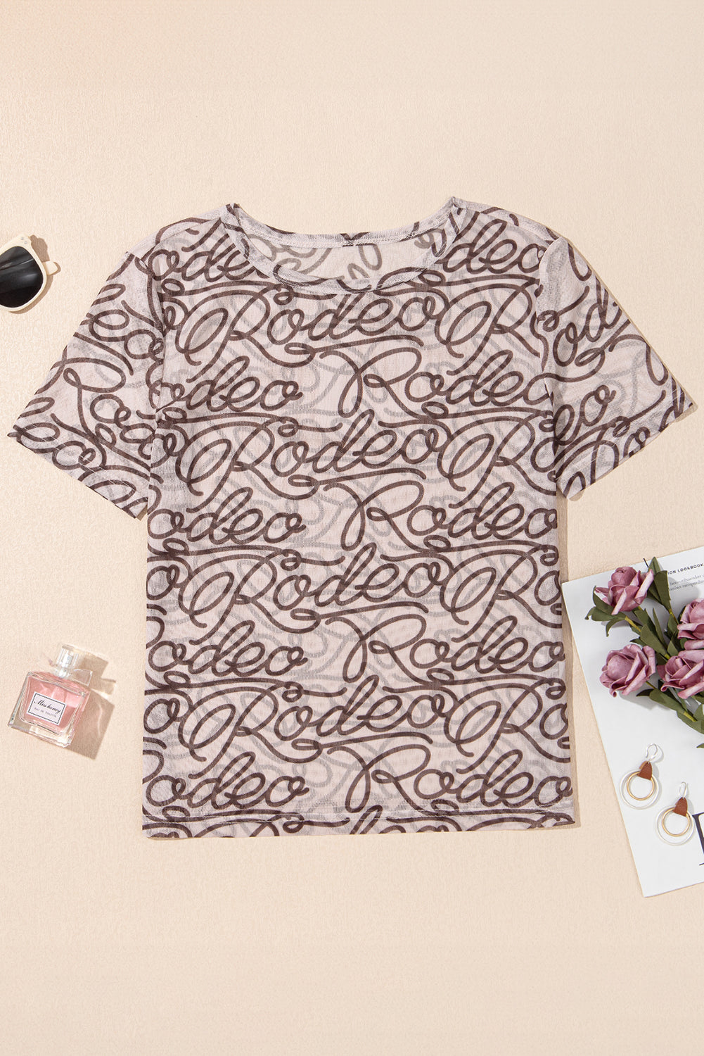 Brown Rodeo Print Round Neck Slim Fit Mesh T Shirt 