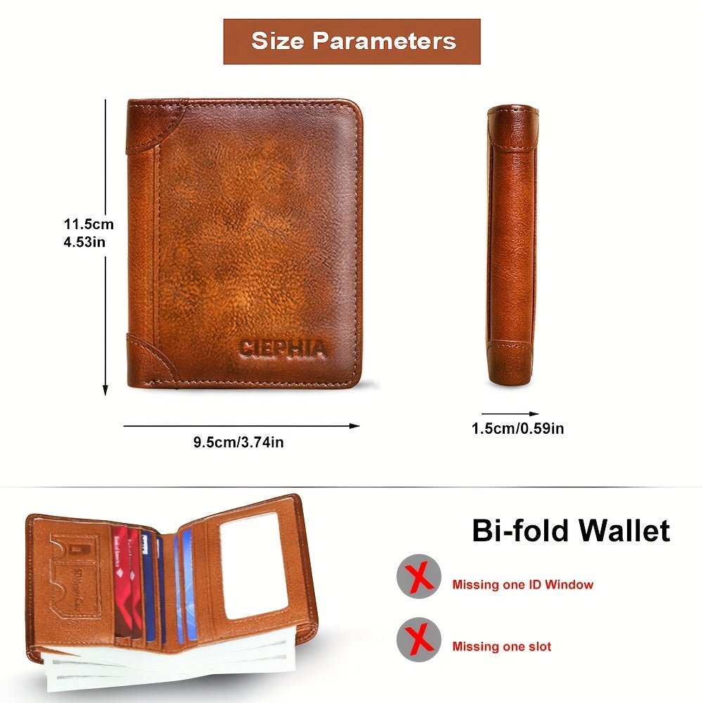 1pc CIEPHIA Card Holder or RFID Blocking Wallet for Men - Slim Minimalist Vintage Leather Wallet with Anti-Theft, Genuine Cowhide, Compact Bi/Fold Design, ID Window - Gifts for Dad, Husband, Boyfriend - RFID Protection, Durab