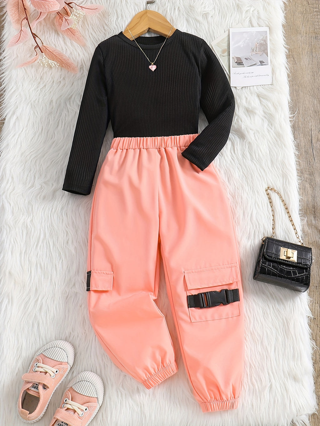 2pcs Girl's Cargo Pants Outfit, Ribbed Long Sleeve Top & Trendy Cargo Pants Set, Toddler Kid's Clothes For Spring Fall