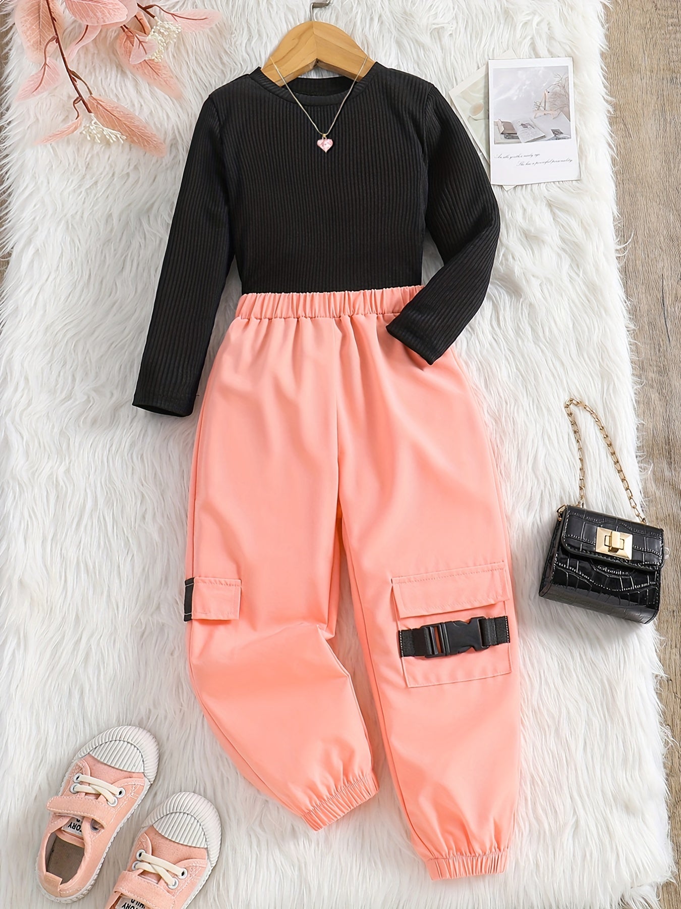 2pcs Girl's Cargo Pants Outfit, Ribbed Long Sleeve Top & Trendy Cargo Pants Set, Toddler Kid's Clothes For Spring Fall