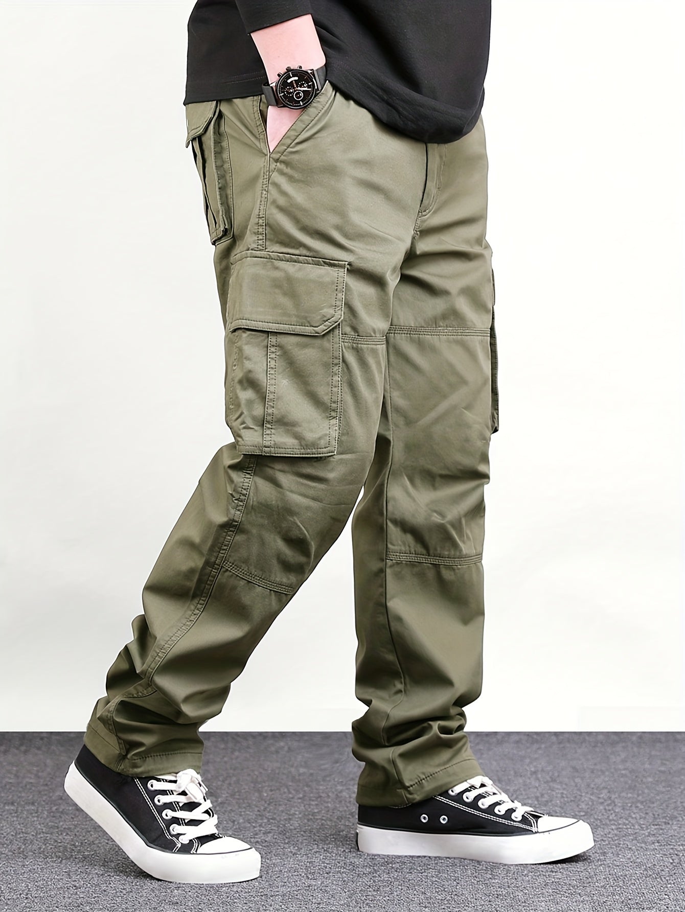 Mens Classic Solid Color Cargo Pants - Multiple Flap Pockets, Straight-Leg, Drawstring Elastic Waist, Loose Fit for Ultimate Comfort - Perfect for Hiking, Fishing, Streetwear, Outdoor Camping, Weekend Casual Style, All-Season