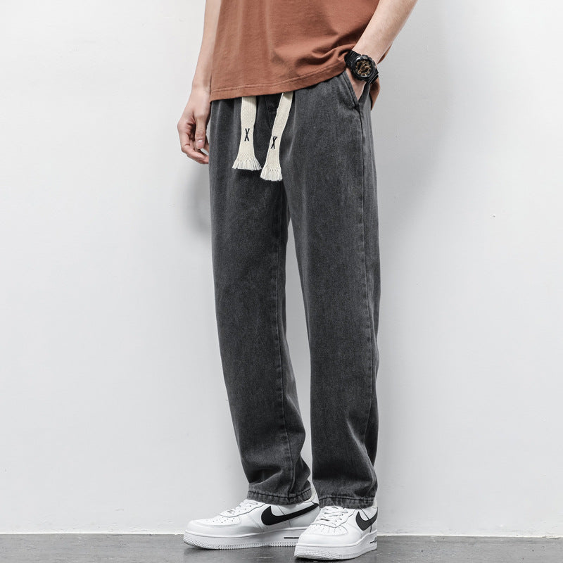 Summer Loose Wide Leg Jeans Pants Men Fashion Drawstring Elasticated Straight Trousers 