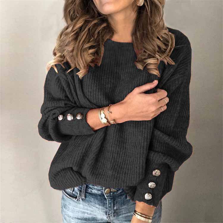 Long Sleeve Round Neck Button Knit T-shirt 