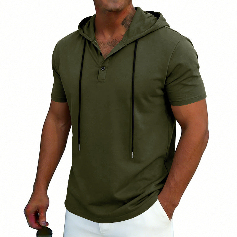 Men's Henley-Neck Drawstring Short-Sleeve Hoodie T-Shirt 