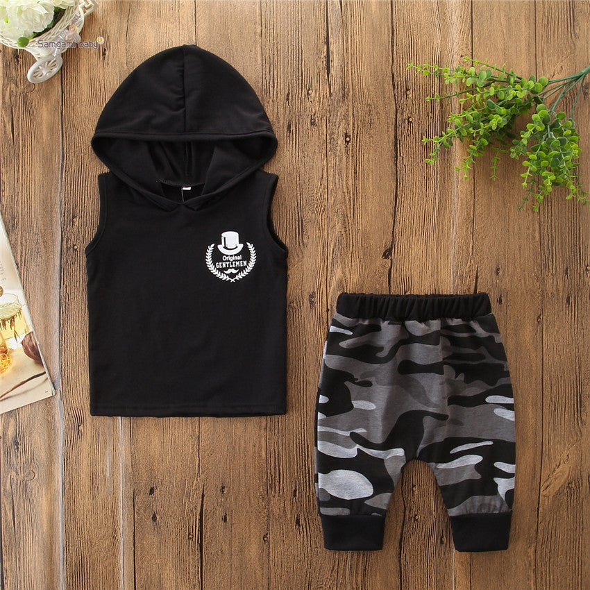 2PCS Toddler Kids Baby Boy Sleeveless Hooded Clothes T-shirt Tops Camo Pants Outfits 