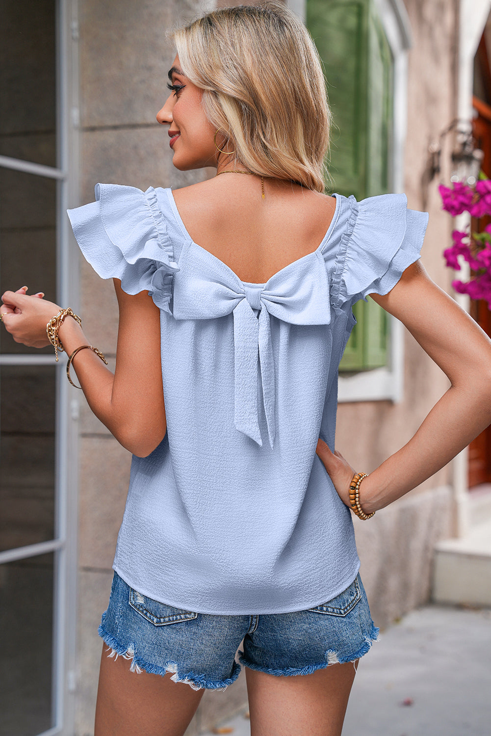 Beau Blue Textured Bow Frilled Ruffle Sleeve Blouse 