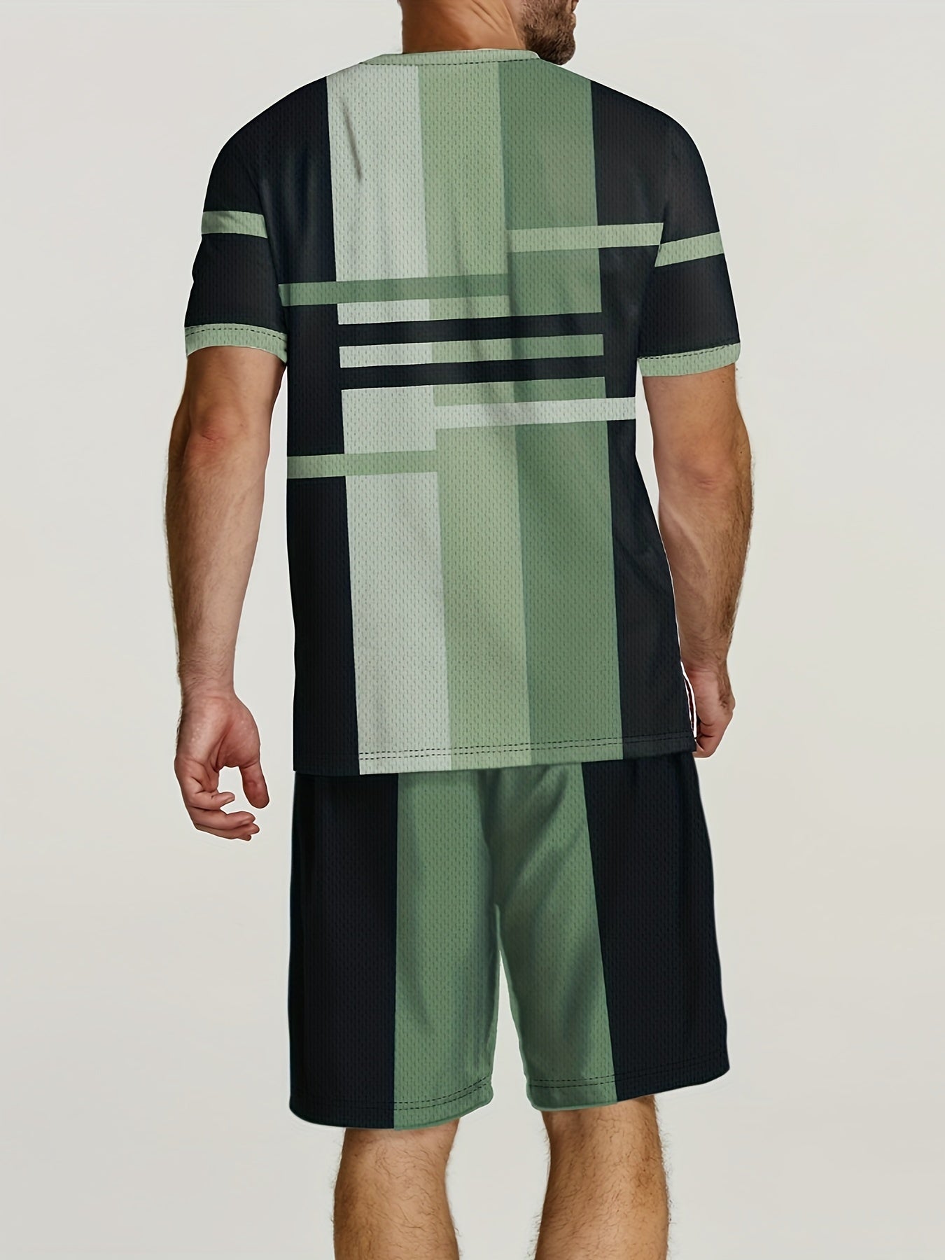 2-Piece Mens Casual Co-ord Set - Color Block Pattern Crew Neck Short Sleeve T-Shirt and Drawstring Shorts with Pockets - Machine Washable, Slight Stretch, Trendy and Chic for Summer Street and Workout Wear