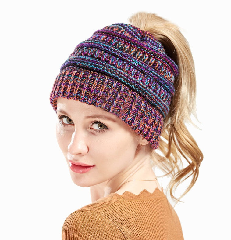 Mixed Color Knitted Wool Hat Ladies Non-labeled Ponytail Hat 