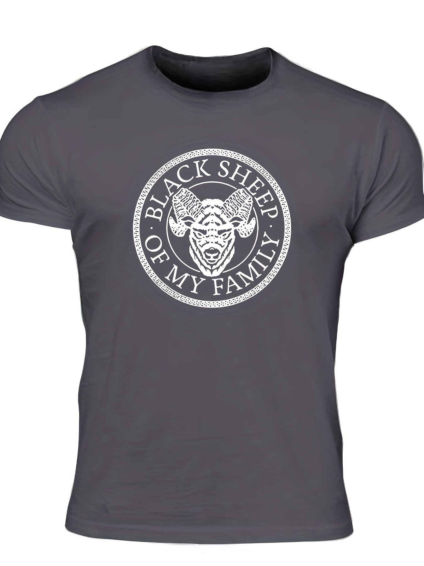 "Black Sheep Of My Family", Men's Sheep Graphic T-shirt, Casual Comfy Slightly Stretch Crew Neck Tee, Men's Clothing For Summer Outdoor