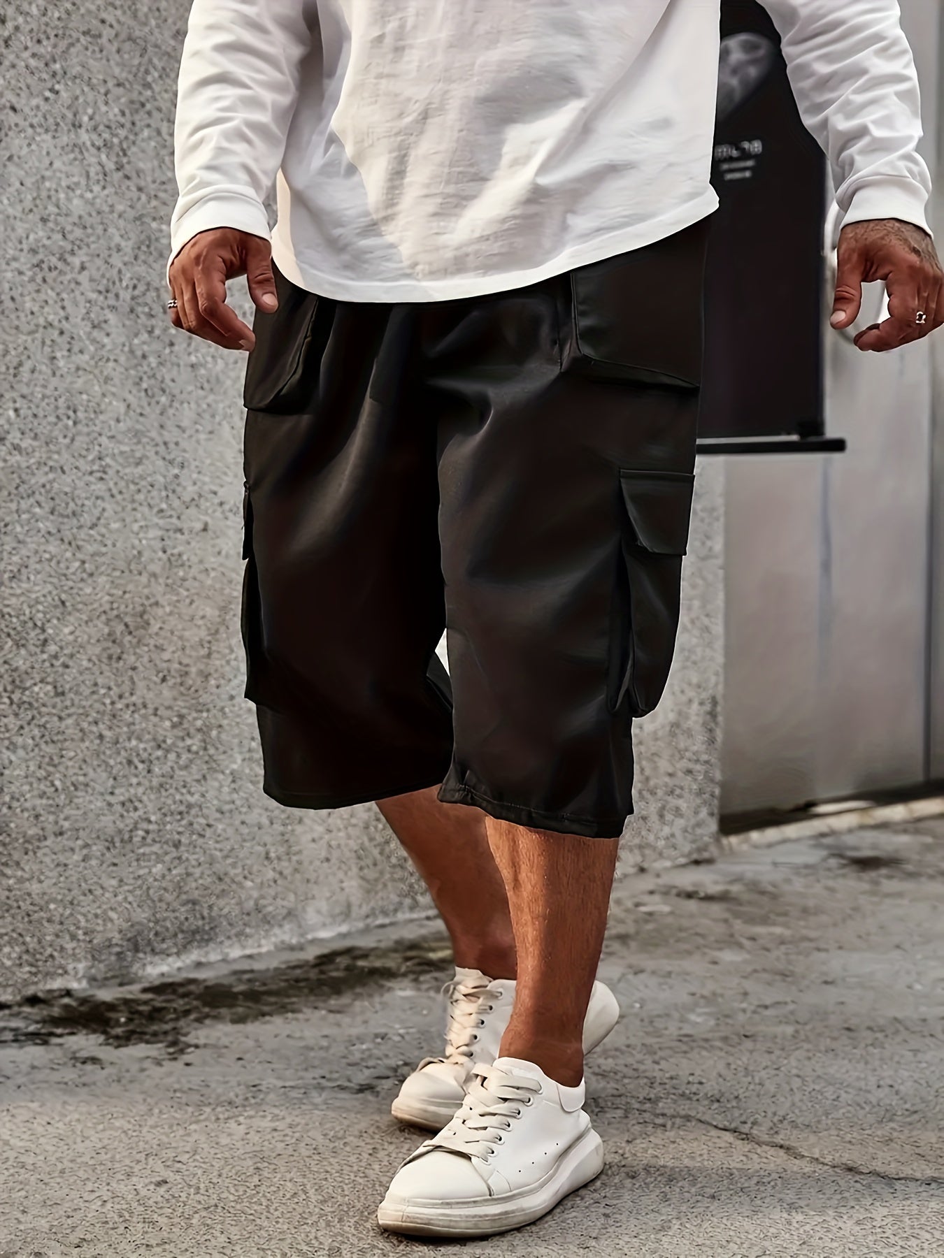 Plus Size Mens Large Casual Cargo Pants - Drawstring Waist, Loose Fit, Comfy Breathable Polyester Fabric, Multiple Pockets, Machine Washable, Solid Color, Perfect for Basketball and Everyday Wear