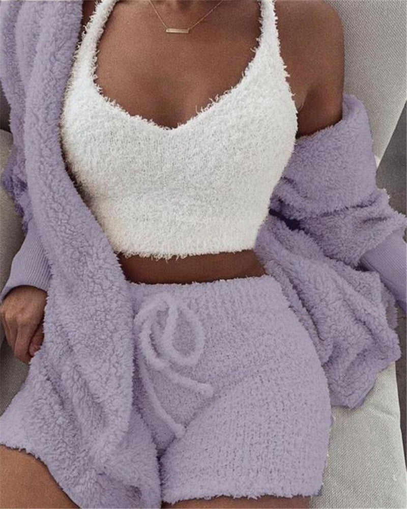 3pcs Womens Clothing Long Sleeve Crop Tank Top And Drawstring Shorts Pajama Set 