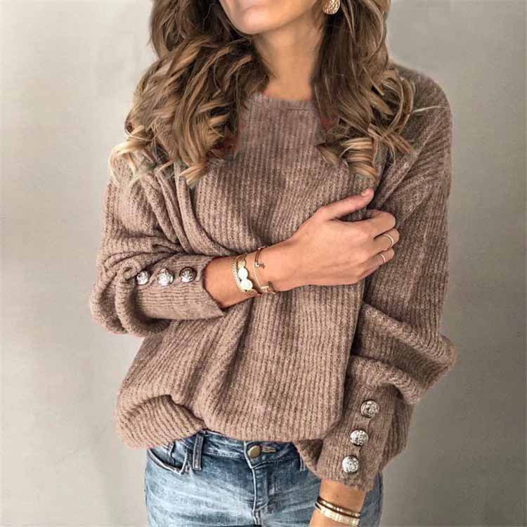 Long Sleeve Round Neck Button Knit T-shirt 