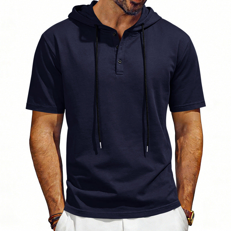 Men's Henley-Neck Drawstring Short-Sleeve Hoodie T-Shirt 