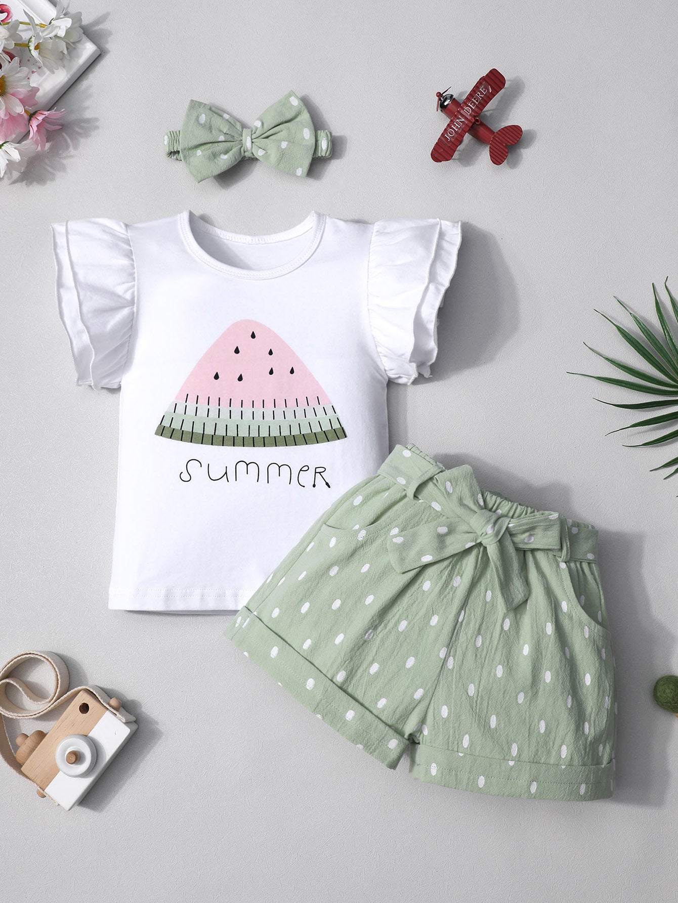 3pcs Watermelon Print Girls Outdoor Clothes Set: Short Sleeve T-shirt, Elastic Waist Polka Dot Print Shorts & Headband