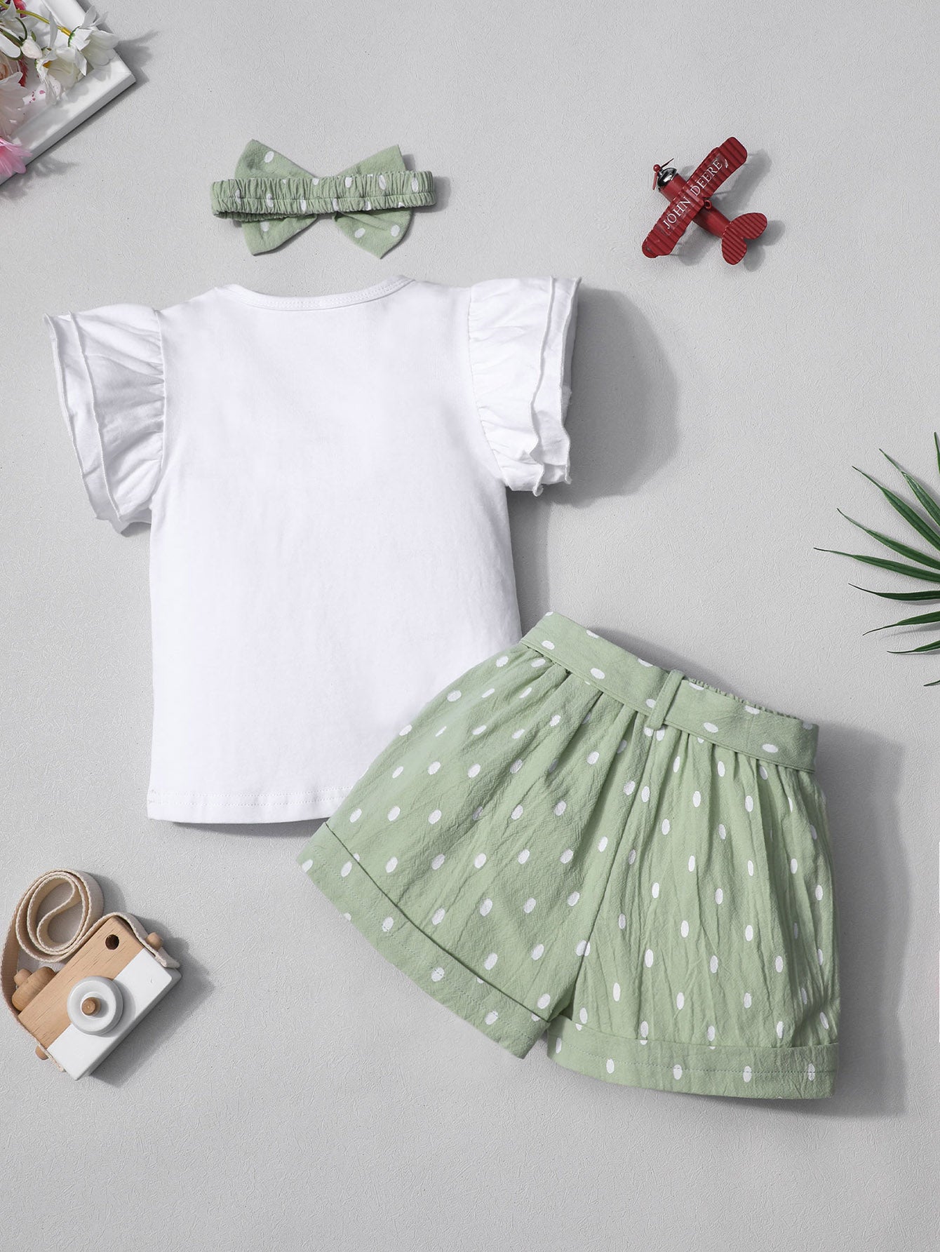 3pcs Watermelon Print Girls Outdoor Clothes Set: Short Sleeve T-shirt, Elastic Waist Polka Dot Print Shorts & Headband