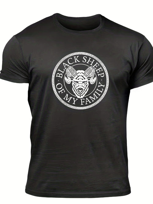 "Black Sheep Of My Family", Men's Sheep Graphic T-shirt, Casual Comfy Slightly Stretch Crew Neck Tee, Men's Clothing For Summer Outdoor