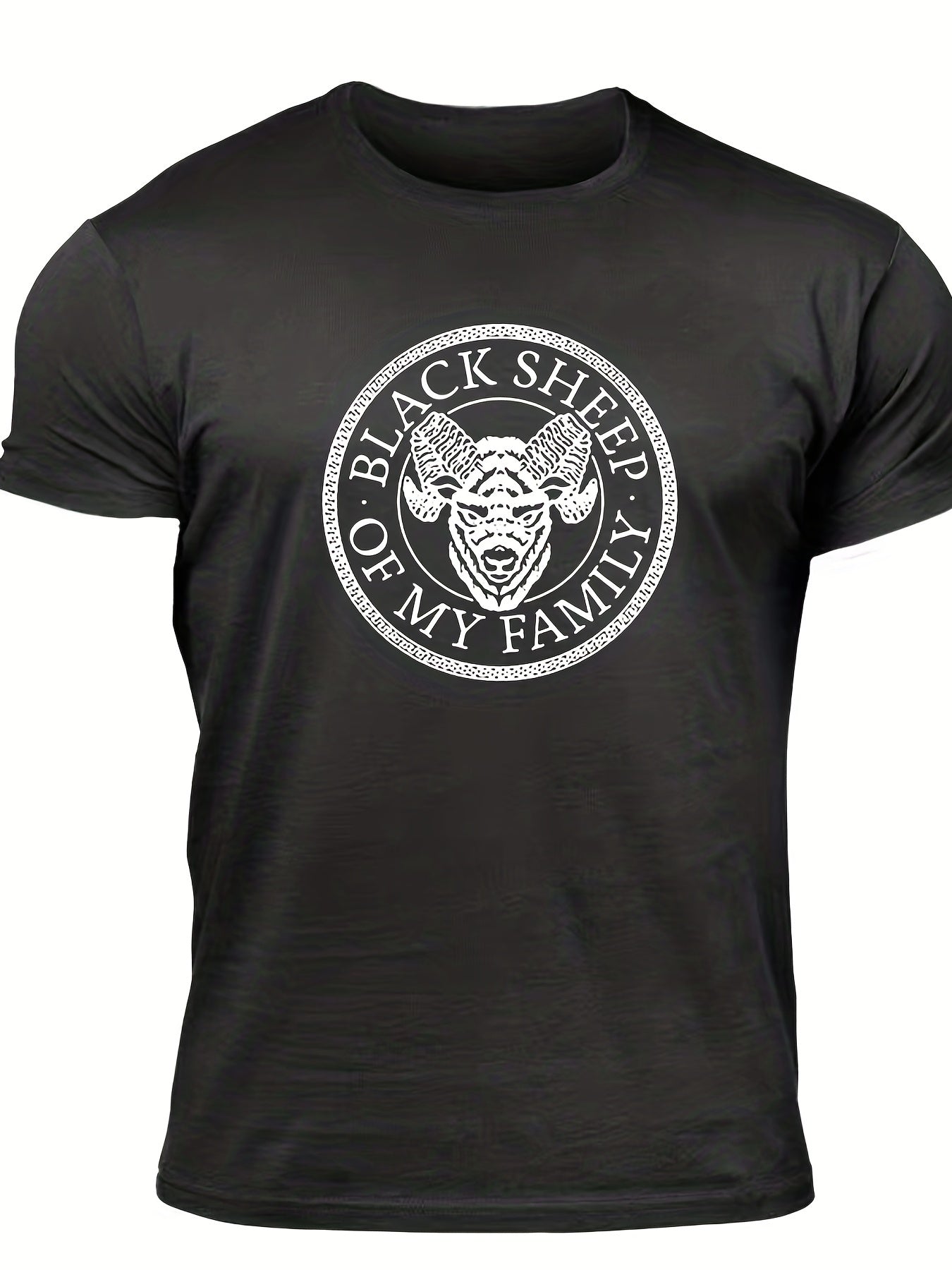 "Black Sheep Of My Family", Men's Sheep Graphic T-shirt, Casual Comfy Slightly Stretch Crew Neck Tee, Men's Clothing For Summer Outdoor