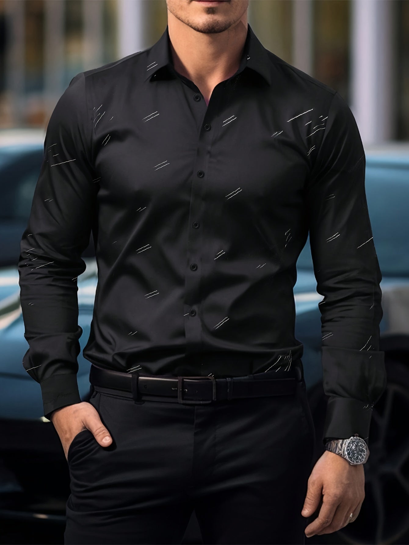 Mens Striped Regular Fit Long Sleeve Dress Shirt - Elegant Lapel Collar, Button-Front Closure, Non-Stretch Polyester Fabric - Perfect for Office and Casual Wear All Seasons