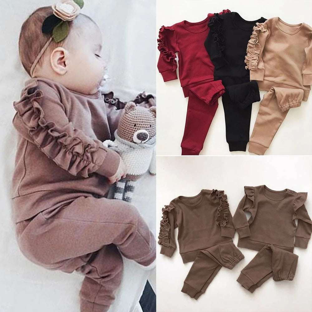 Newborn Baby Boys Girls Ruffles Jumper Solid Long Sleeve Sweatshirt Tops Pants Infant Kids 2Pcs Outfits Clothes Set Fall Clothes 