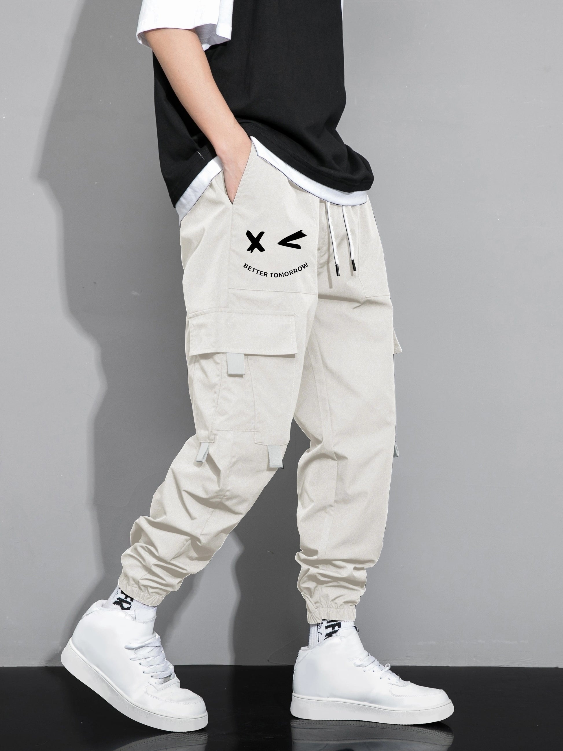 Mens Fashion-Forward Solid Cargo Pants - Abundant Flap Pockets, Loose Fit Drawstring Trousers - Durable Outdoor Work to Streetwear Hip Hop Style