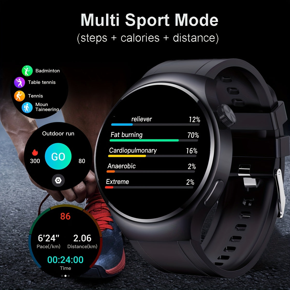 Black Silicone Men Smart Watch With Wireless Call, Message Reminder, Sports Mode, Custom Wallpaper, Sport Smart Watch