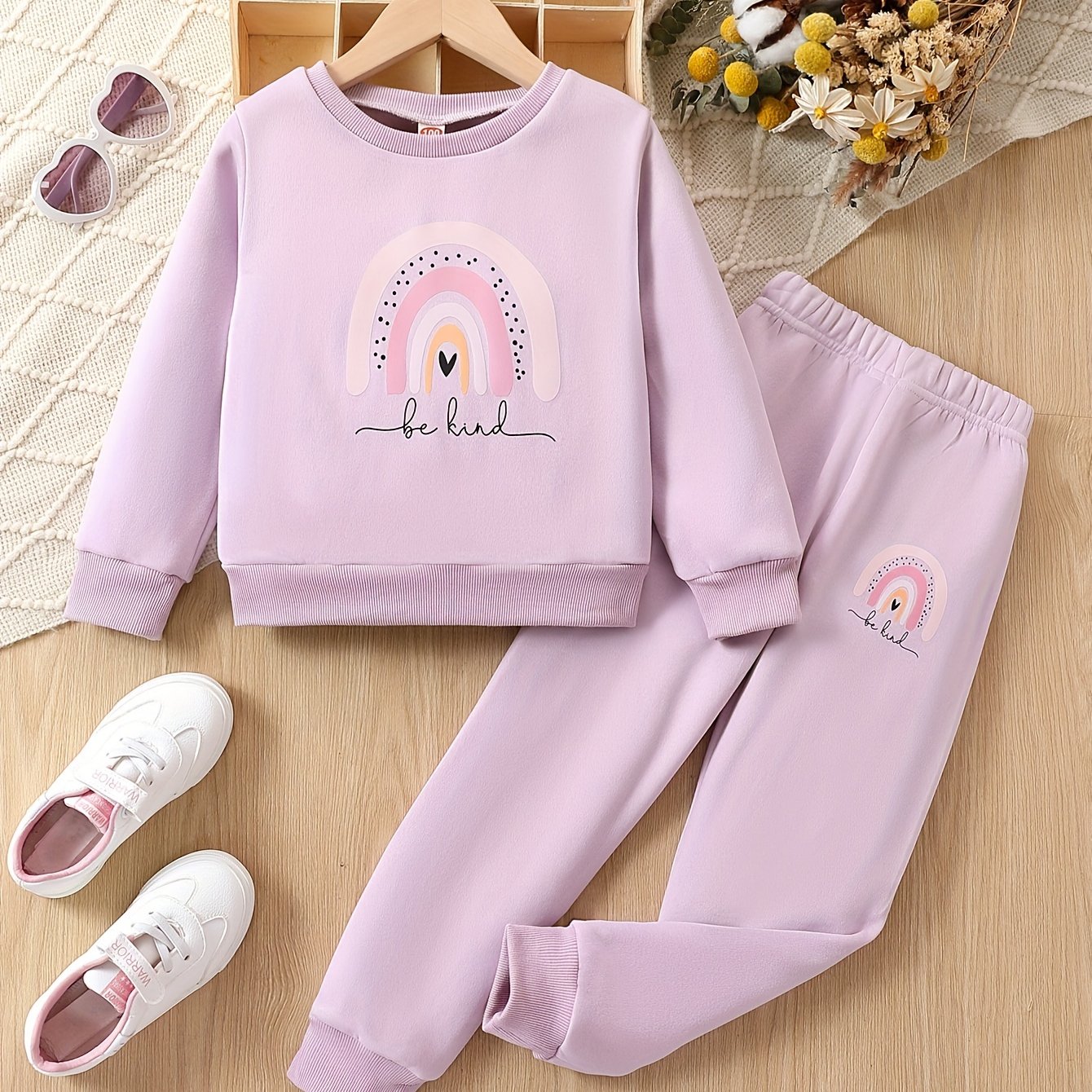 Girls 2pcs "Be Kind" And Rainbow Print Top & Jogger Pants Set, Thick Outfits Kids Clothes For Sports Spring Fall Winter