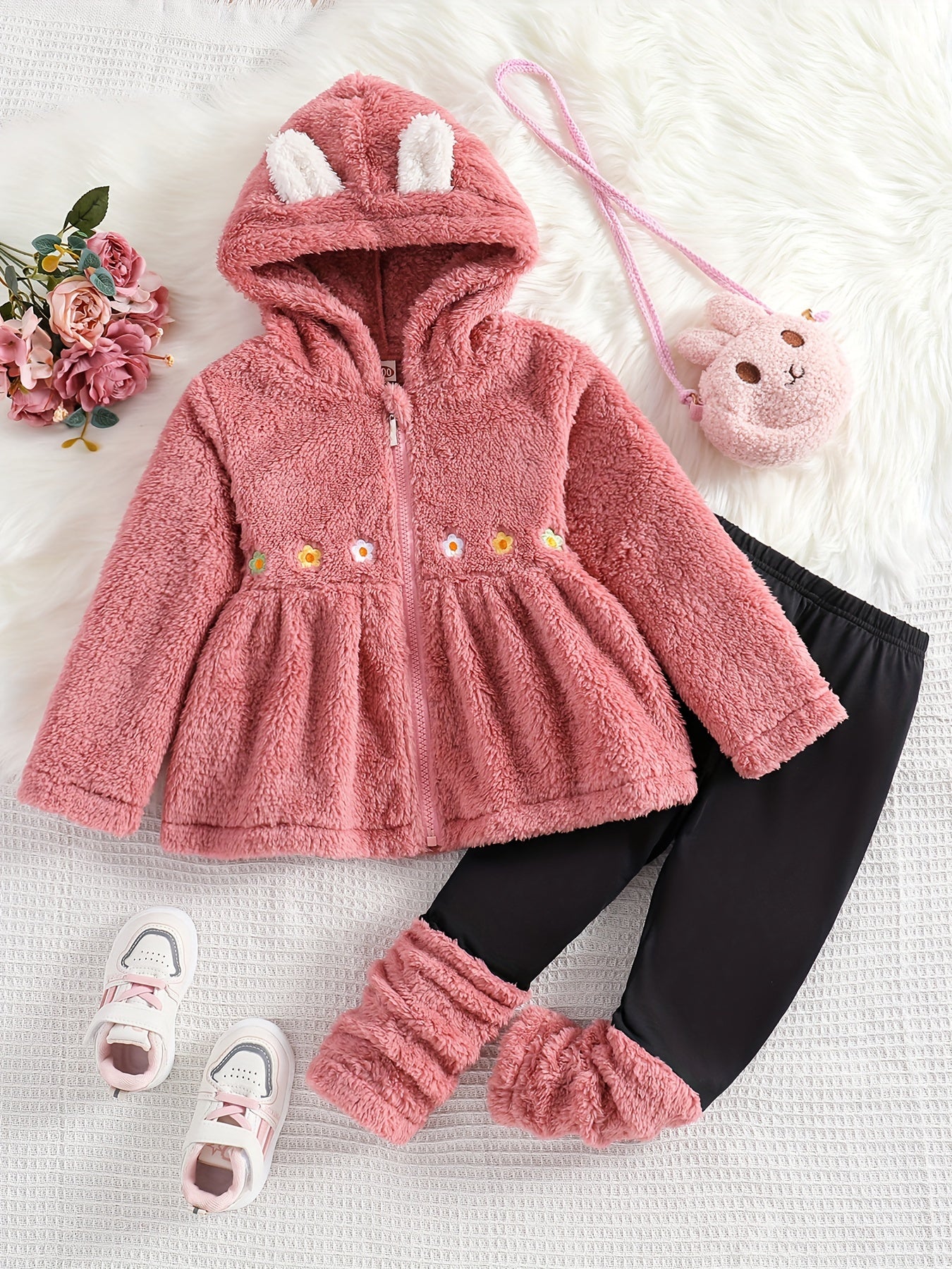 2pc Toddler Girls Double-Sided Fleece Set with Flower Embroidery Hooded Coat and Splicing Pants - Warm and Cozy Kids Clothes for Fall and Winter