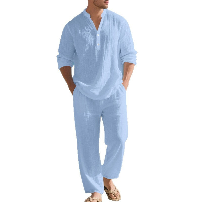 Mens Loose-Fit Long-sleeved Suit Casual Breathable V-Neck Henley Shirt And Long Pants Set Beach Clothing