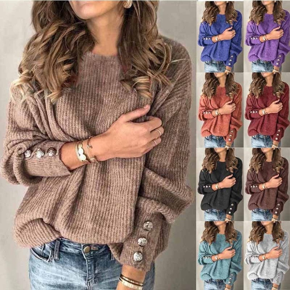 Long Sleeve Round Neck Button Knit T-shirt 