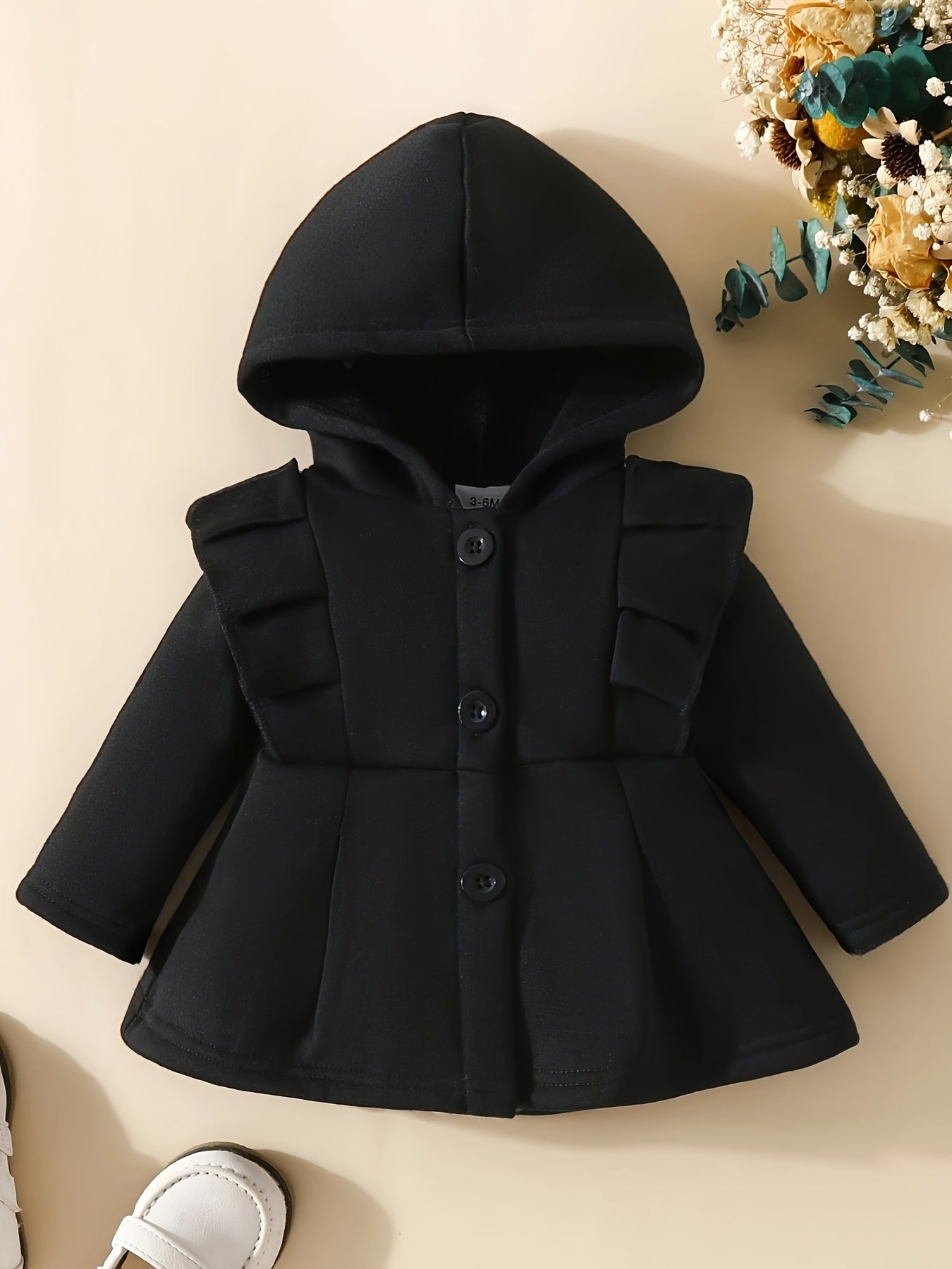 Baby Girl Ruffled Long Sleeve Fleece Hooded Single Breasted Coat, Kids Clothes Autumn And Winter (Recommended To Buy One Size Larger)